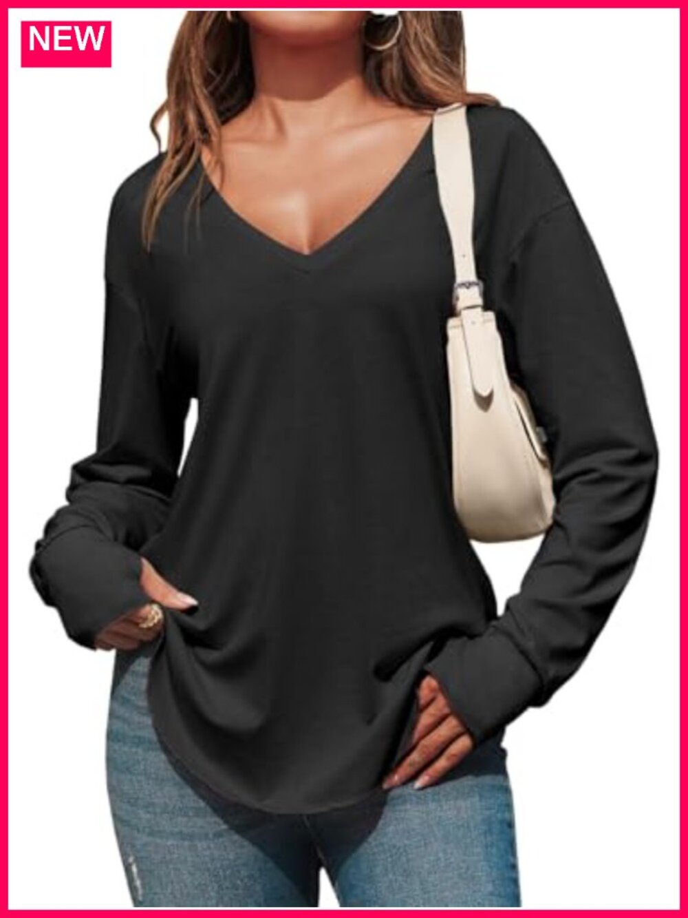Womens Oversized Long Sleeve V Neck Tunic Top Dolphin Hem Loose Fit Shirt